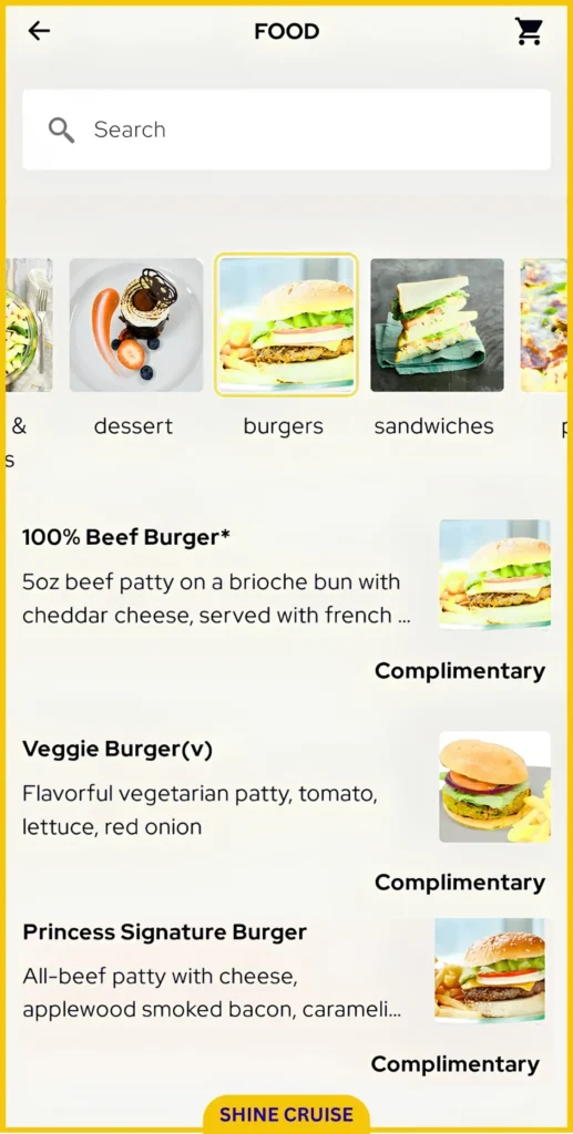 Princess Cruises OceanNow Burger Menu