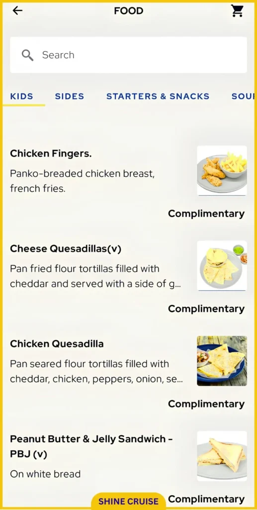 Princess Cruises OceanNow Kids Menu