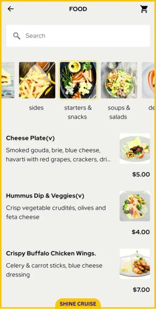 Princess Cruises OceanNow Starters & Snacks Menu