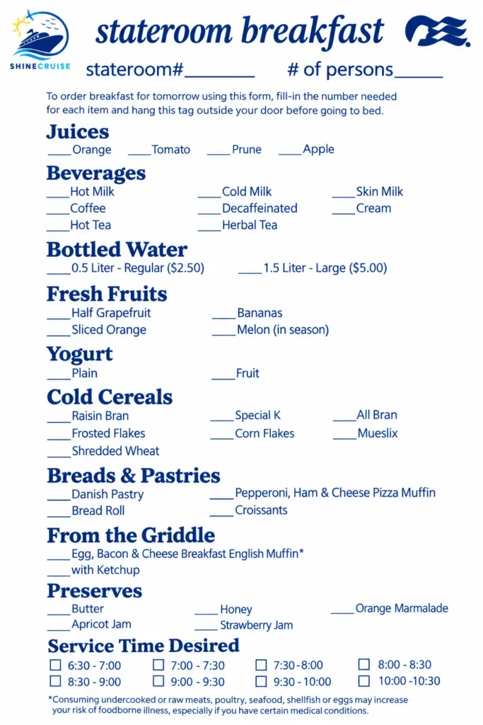 Princess Room Service Breakfast Menu