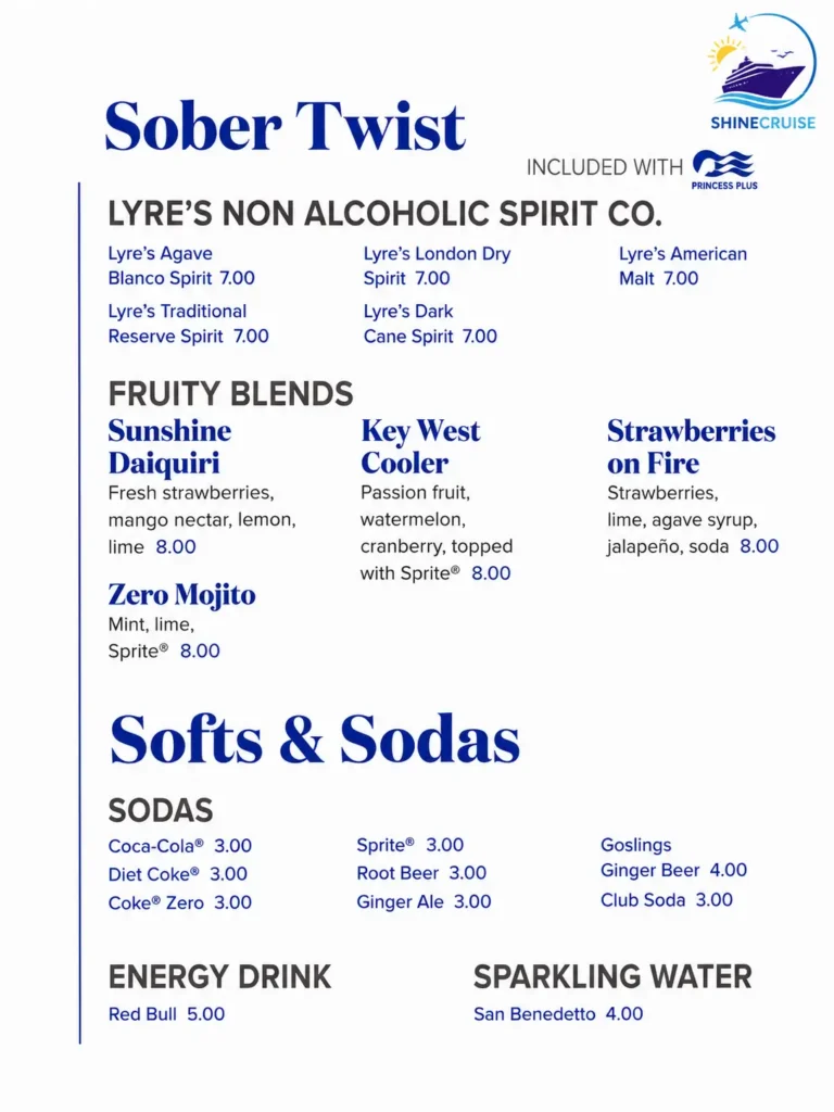 Princess Cruises Soda and Soft Drink menu