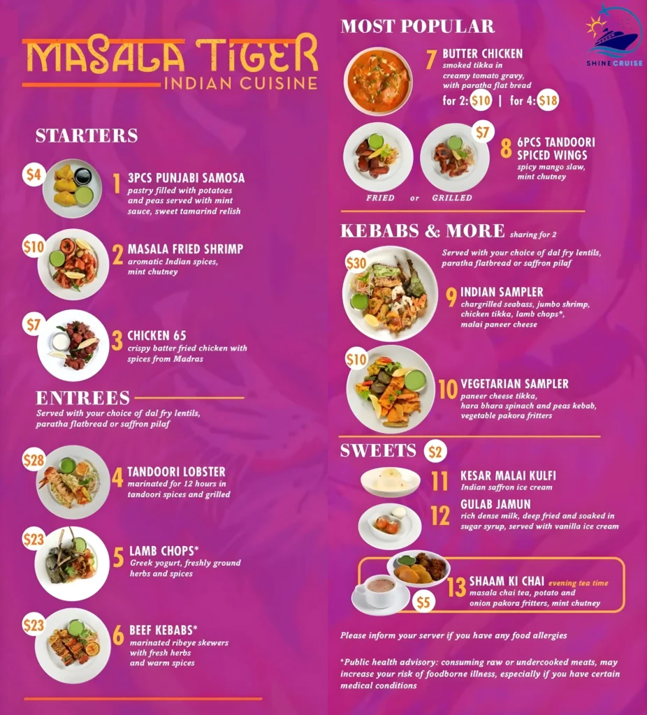 Carnival Masala Tiger Menu for Excel Class Ships