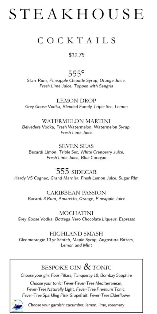 Carnival Fahrenheit 555 SteakHouse Menu 1
carnival cruise drink menu 2026