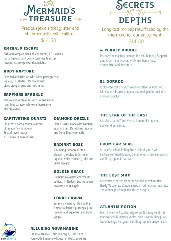 The Golden Mermaid bar menu
carnival drink prices 2026