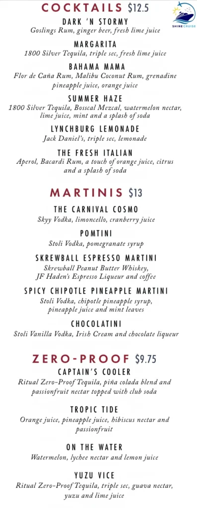 carnival cruise drink menu 2026
carnival drink prices 2026
Carnival Main Dining Room Cocktail Menuย