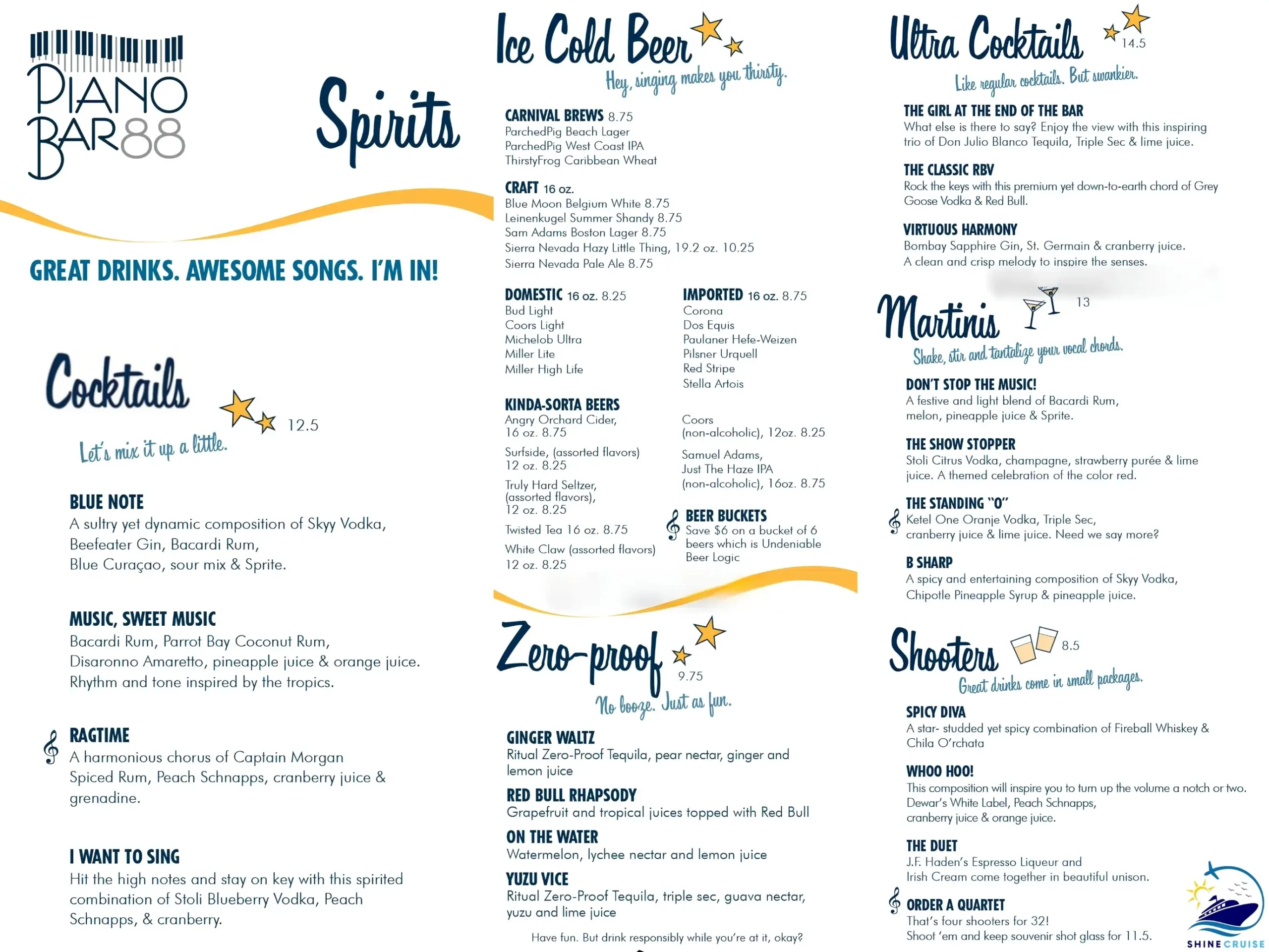 Carnival Piano bar 88 menu
carnival drink prices 2026