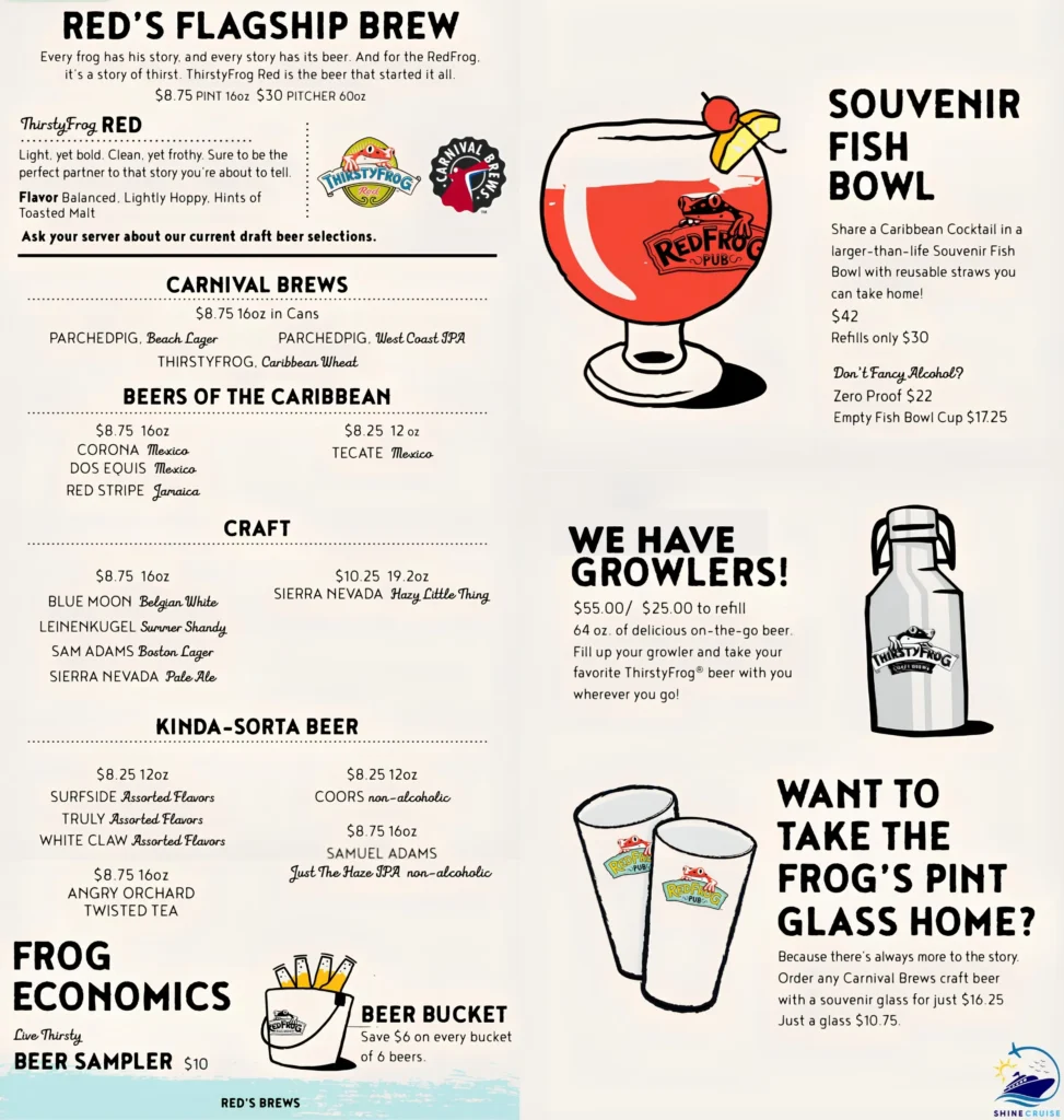 carnival cruise drink menu 2026
carnival cruise drink prices 2026
Carnival Red Frog Pub Menu 1
