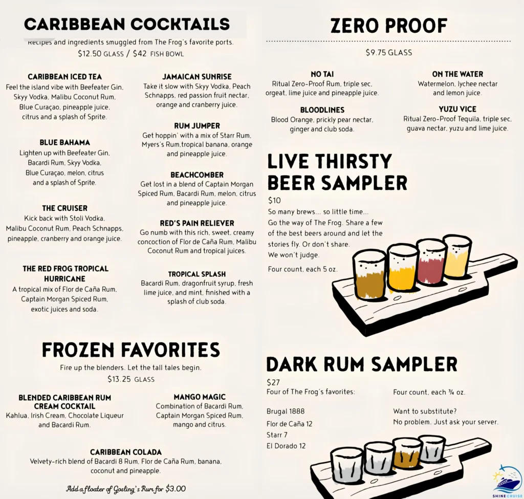 carnival cruise drink menu 2026
carnival cruise drink prices 2026
Carnival Red Frog Pub Menu 2