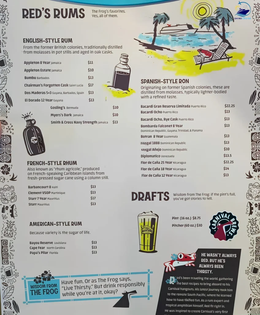 Red Frog Tiki Bar menu 2
carnival drink menu 2026