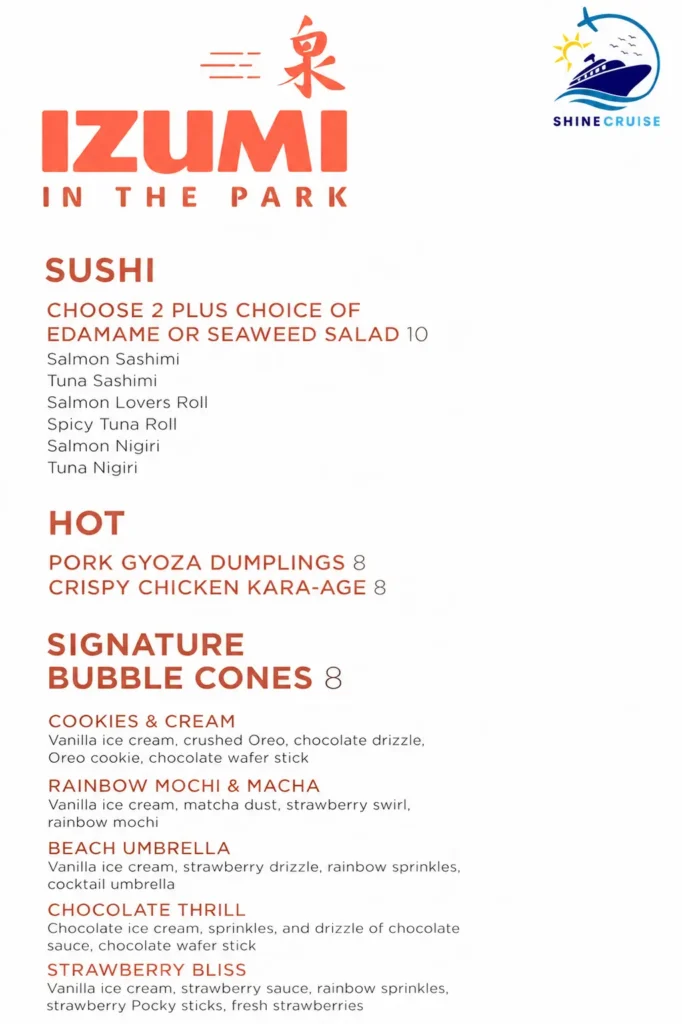 Royal Caribbean izumi in the park menu with prices