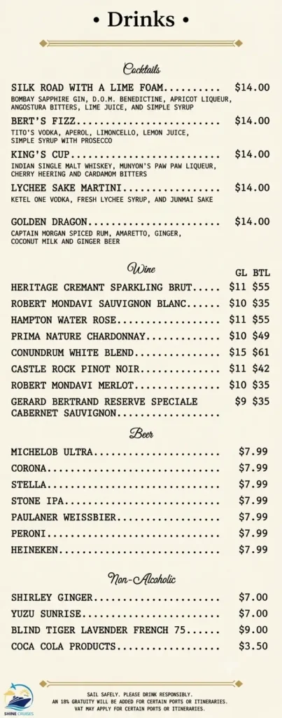 Legend of the Seas Royal Railway Legend Station drink menu