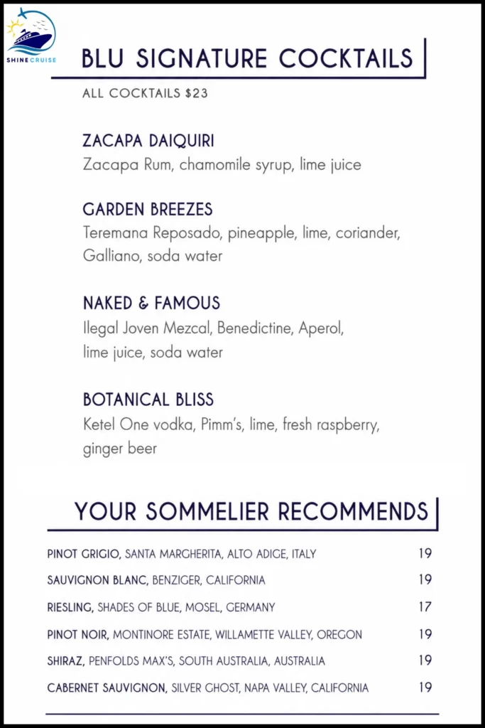 Celebrity Blu Menu