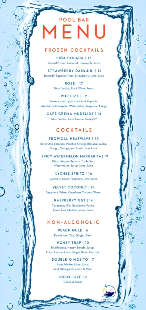 Celebrity Cruises Pool Bar menu 1