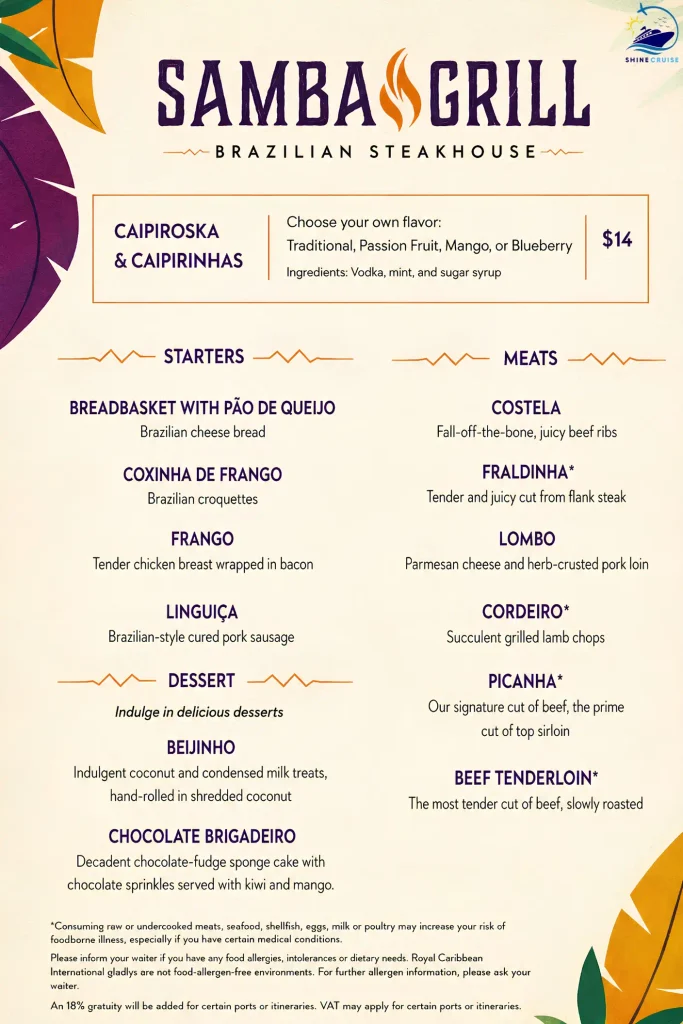 Allure of the Seas Samba Grill Menu