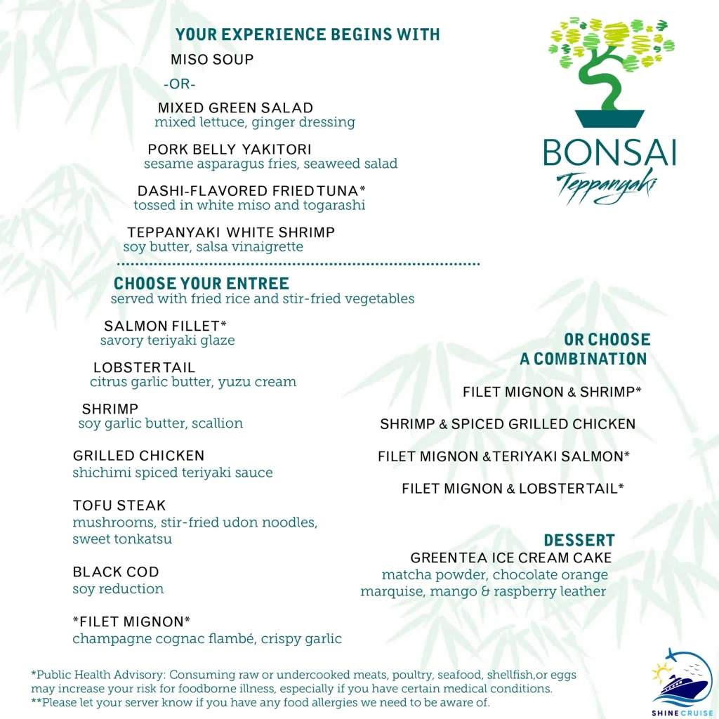 Carnival Jubilee Bonsai Teppanyaki menu for lunch & dinner