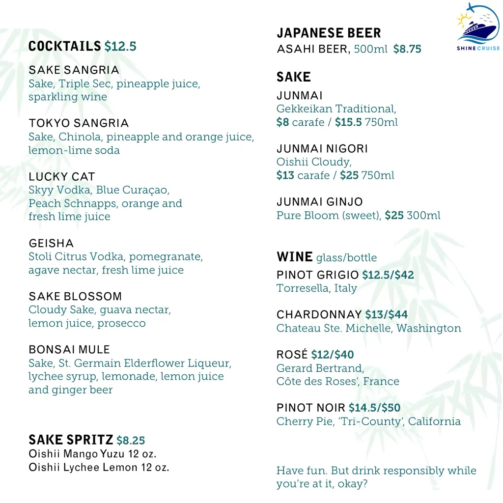 Carnival Jubilee Bonsai Teppanyaki Drink menu