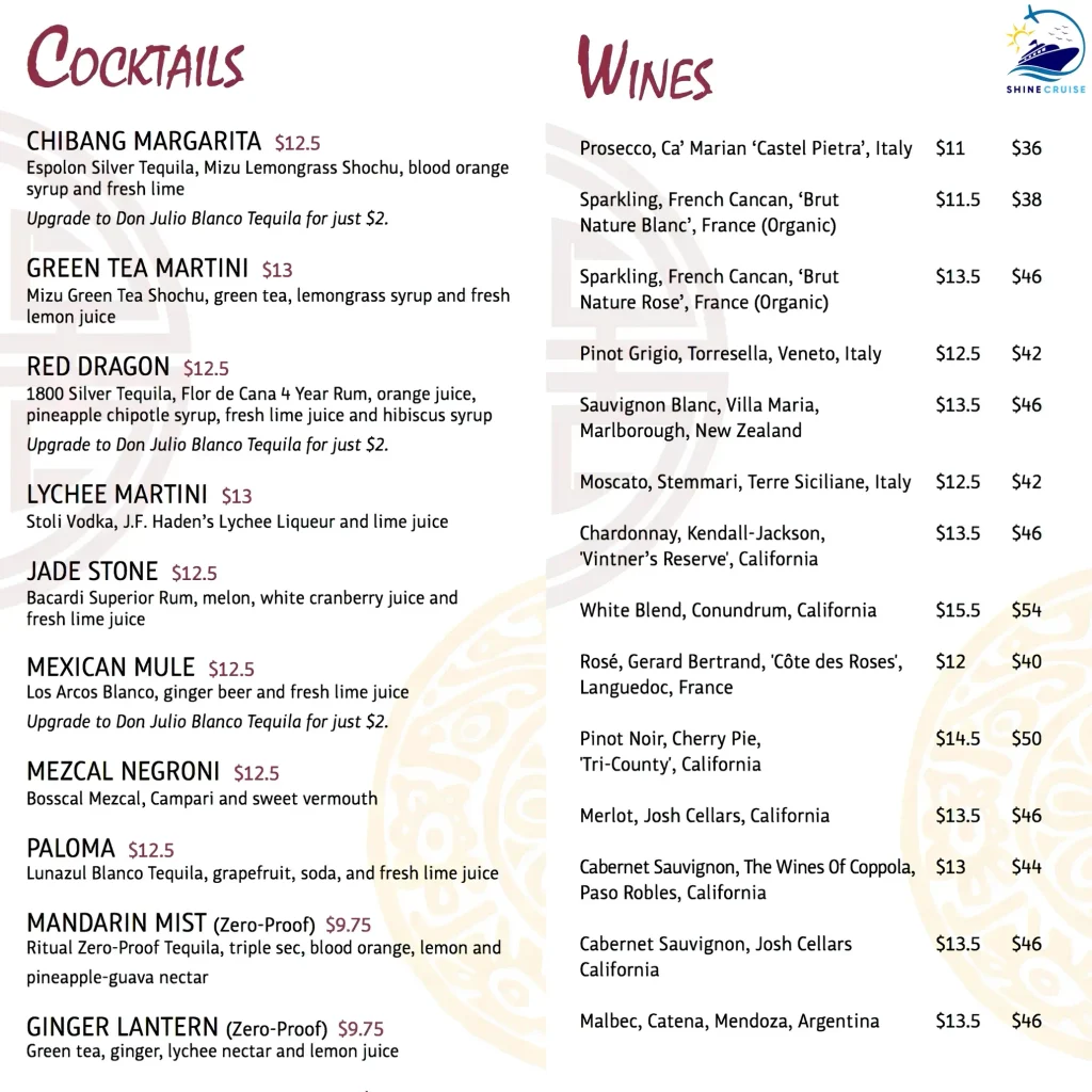 Carnival Jubilee ChiBang Drinks menu