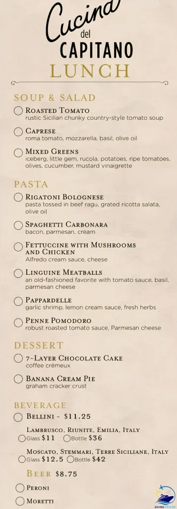 Carnival Jubilee Cucina del Capitano Lunch menu