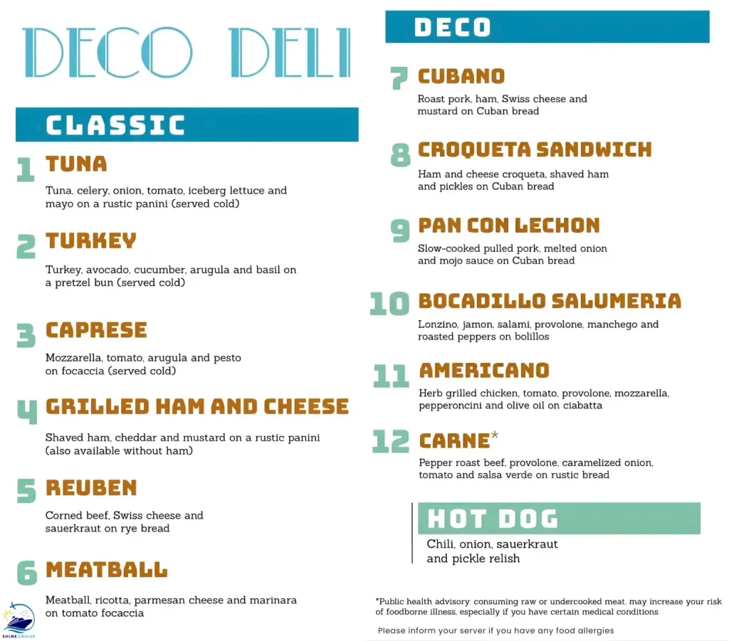 Carnival Celebration Deco Deli menu