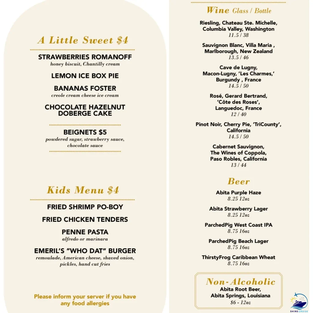 Carnival Mardi Gras Emerilโs Bistro 1396 menu for lunch & dinner