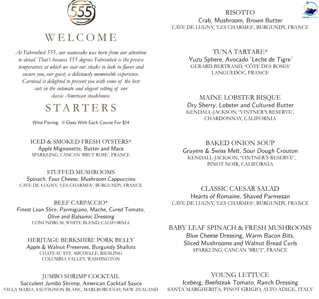 Carnival Jubilee Fahrenheit 555 Steakhouse menu 1