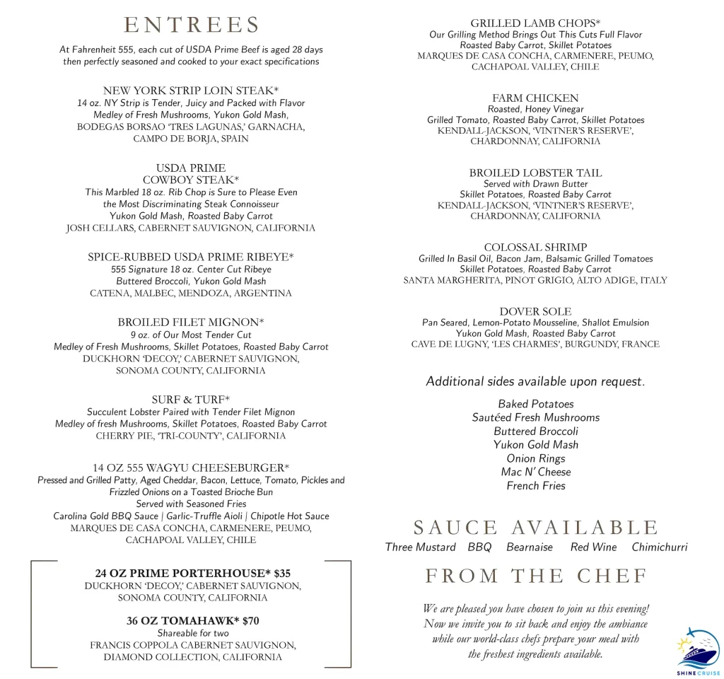 Carnival Jubilee Fahrenheit 555 Steakhouse menu 2