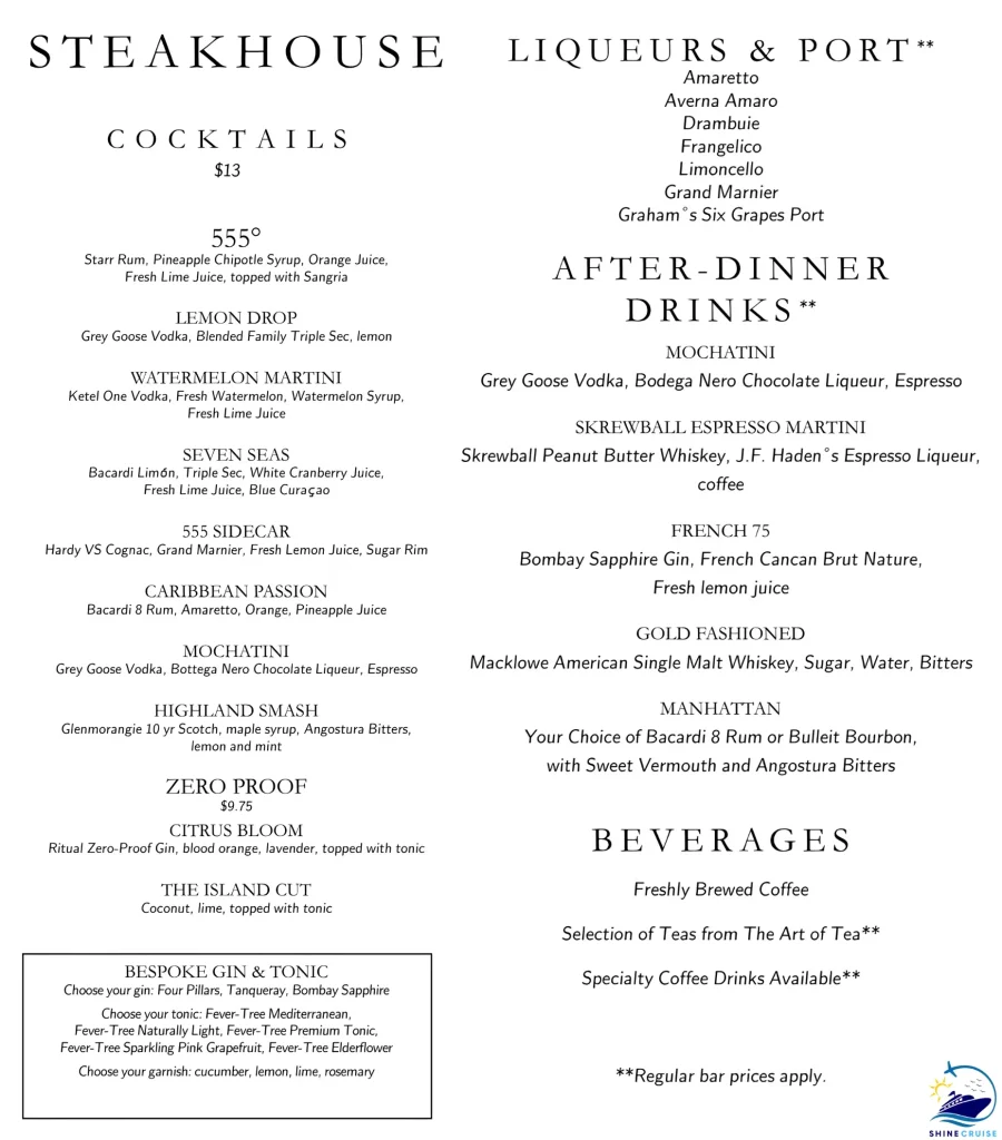Carnival Jubilee Fahrenheit 555 Steakhouse Drinks menu