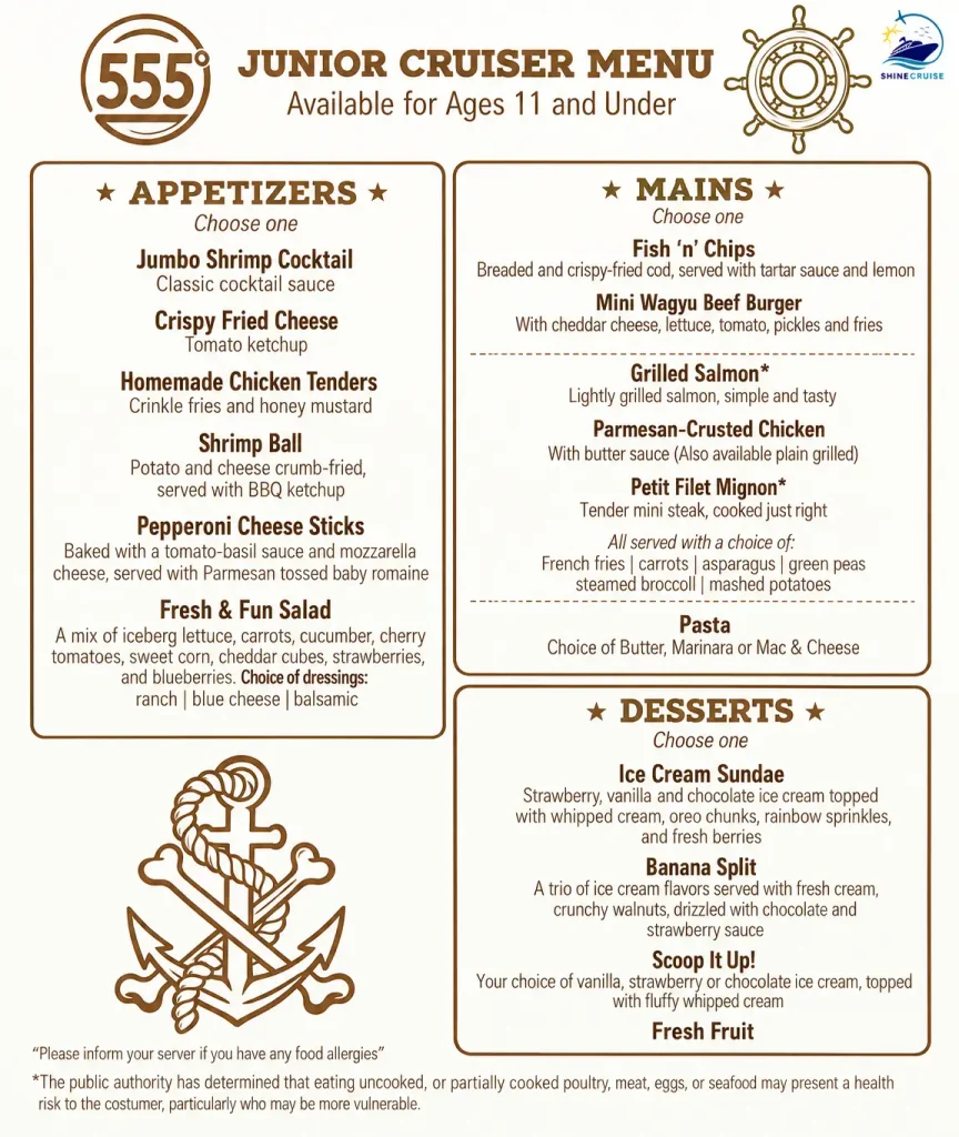 Carnival Jubilee Fahrenheit 555 Steakhouse Kids menu