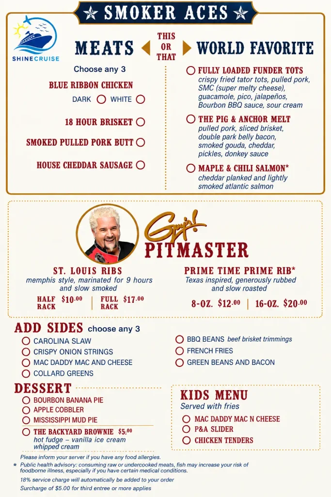 Carnival Jubilee Guy's Pig & Anchor Smokehouse Brewhouse menu for dinner