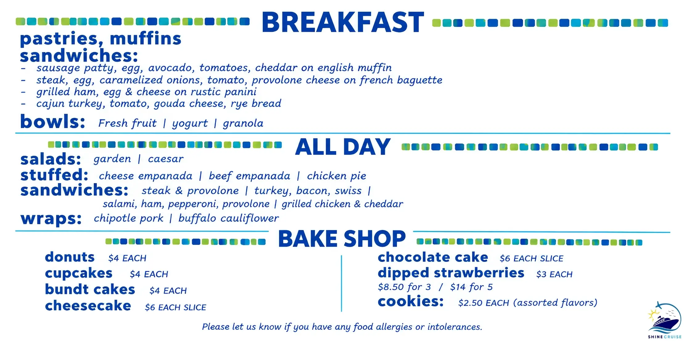 Carnival Java Blue Cafรฉ Menu for breakfast & all day