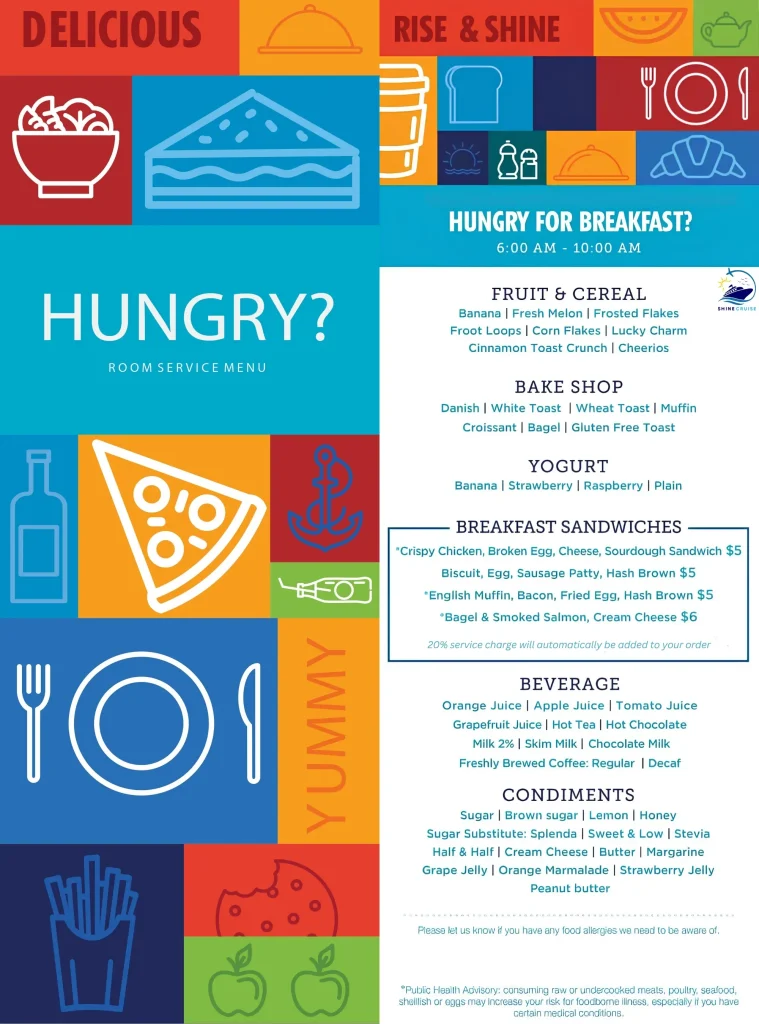 Carnival Jubilee Room Service menu for free breakfast