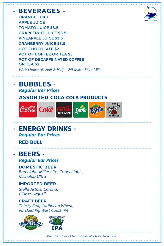 Carnival Jubilee Room Service menu for drinks