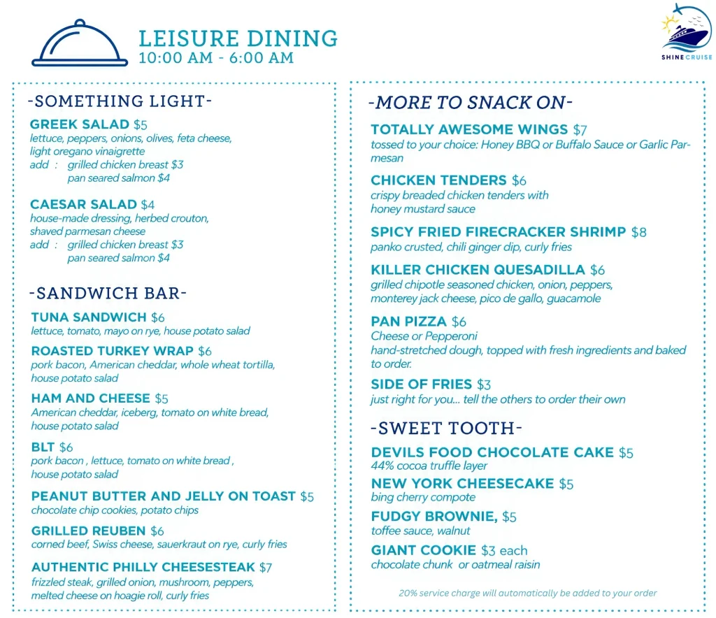 Carnival Jubilee Room Service menu for All Day