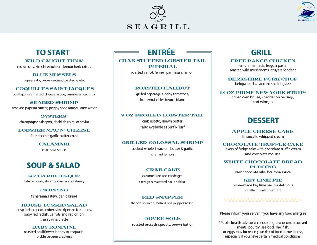 Carnival Jubilee Rudiโsย Seagrill Dinner menu