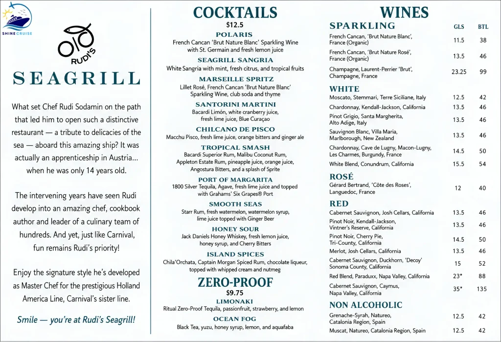 Carnival Jubilee Rudiโsย Seagrill Drink menu