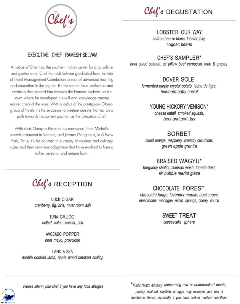 Carnival Jubilee The Chef's Table menu