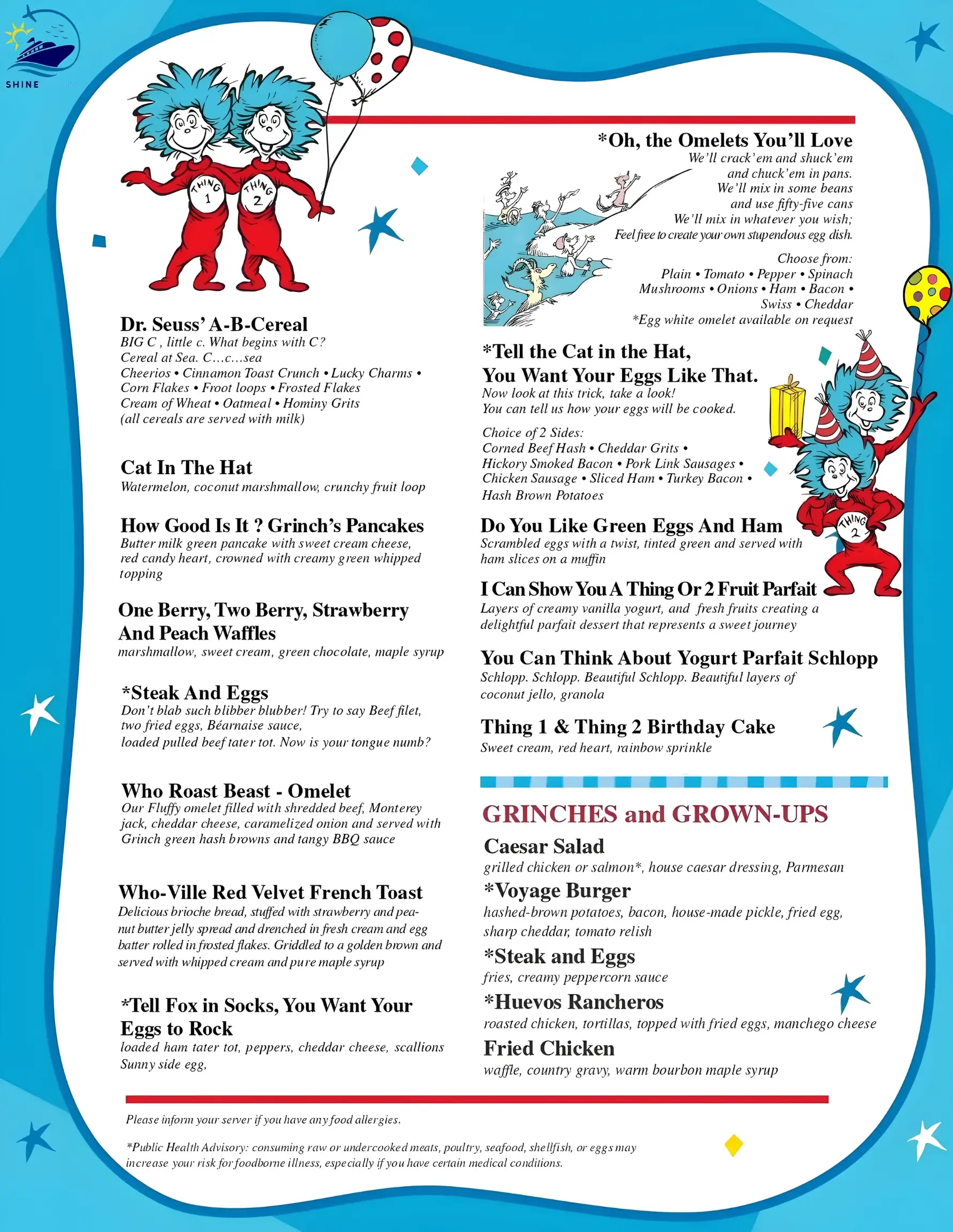 Carnival Jubilee Thing 1 & Thing 2 Birthday Breakfast menu