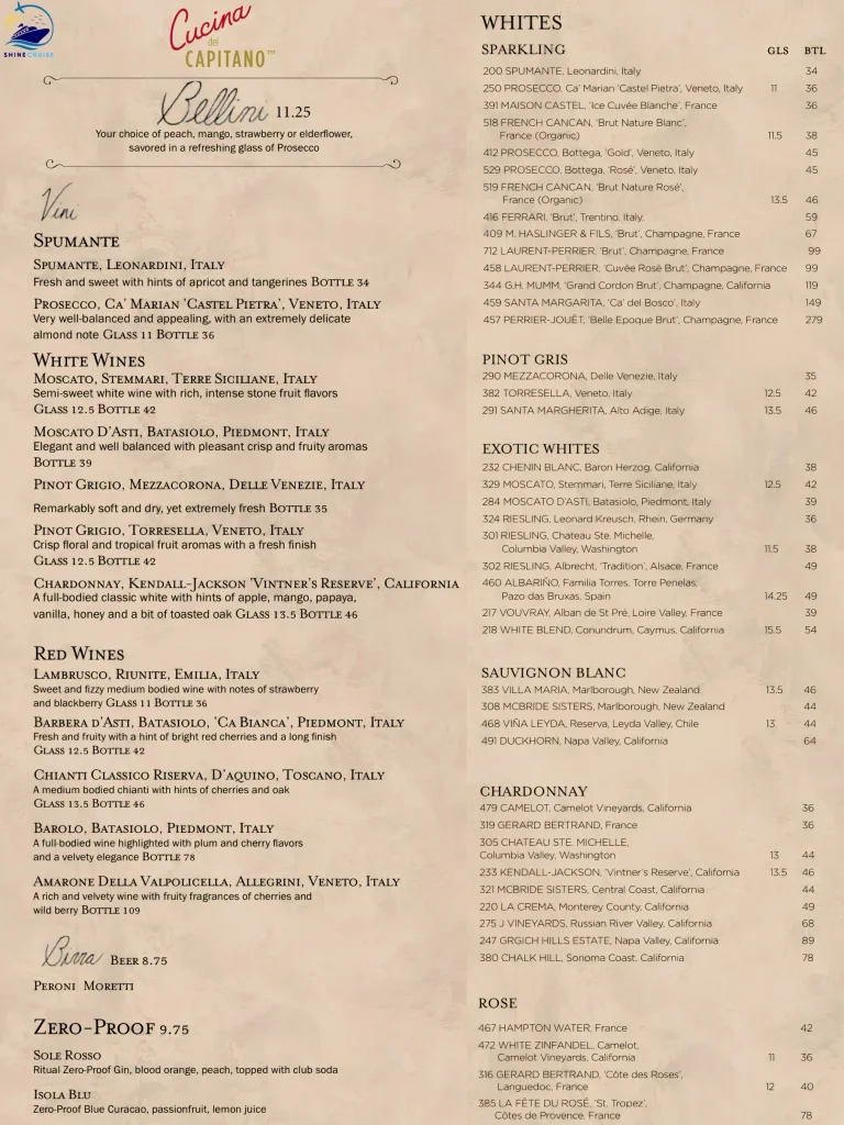 Carnival Jubilee Cucina del Capitano Drinks menu 1