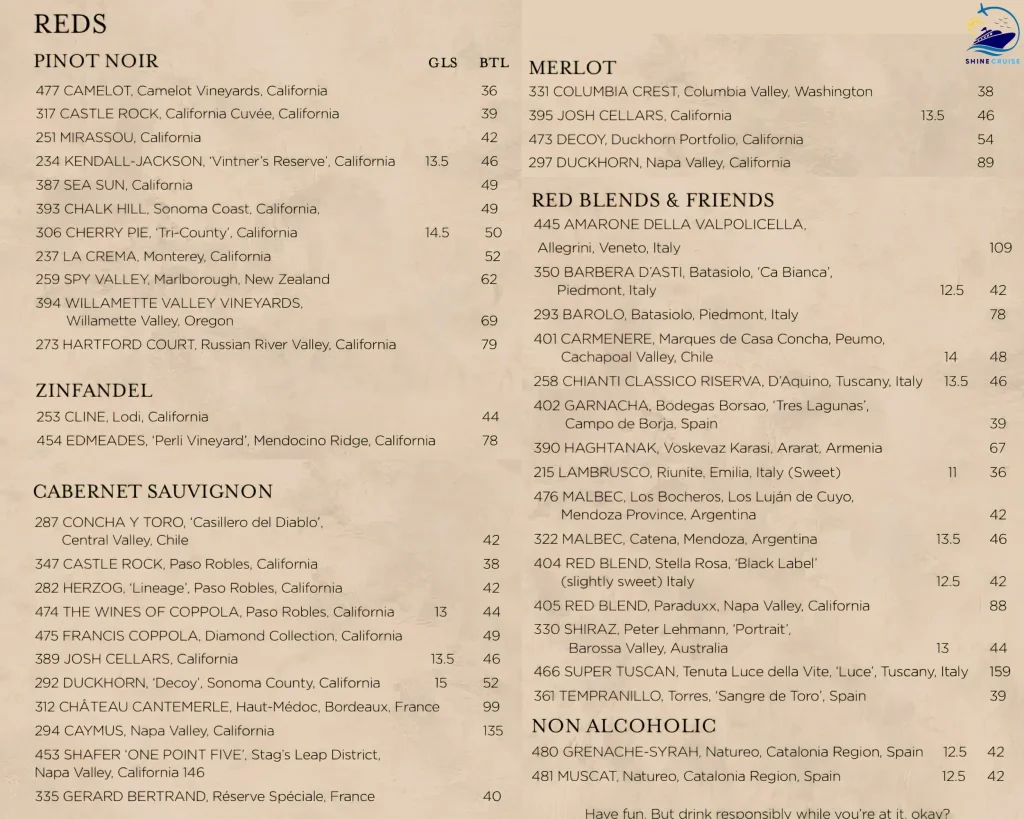Carnival Jubilee Cucina del Capitano Drinks menu 2