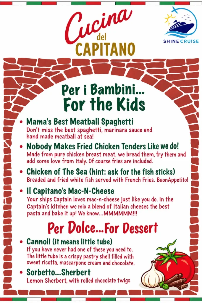 Carnival Jubilee Cucina del Capitano Kids menu
