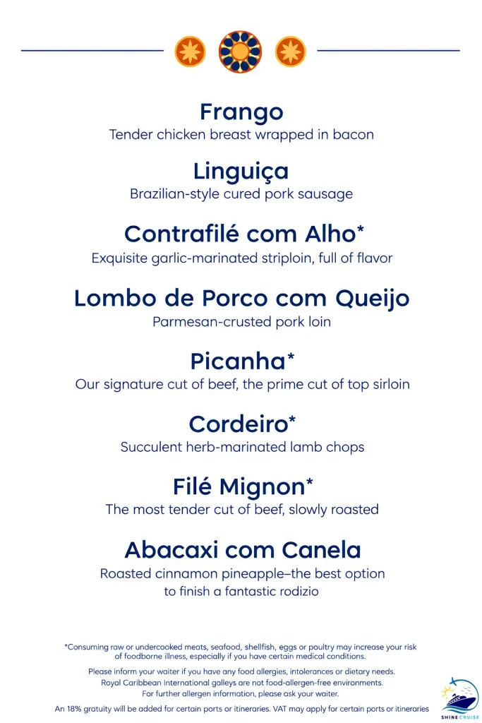 Radiance of the Seas Samba Grill Menu
