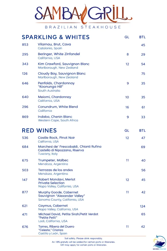 Royal Caribbean Samba Grill Drinks Menu